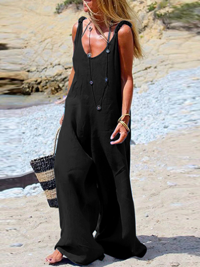 Fashion Wide Leg V-Neck Sleeveless Casual Solid Color Loose Jumpsuit