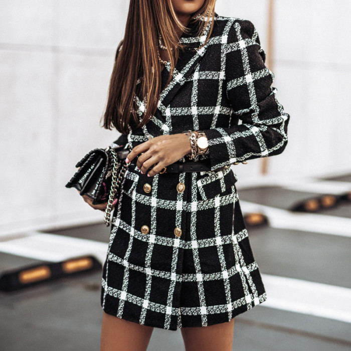 Fashion Vintage Check Print Wool Long Sleeve Double Breasted  Coat
