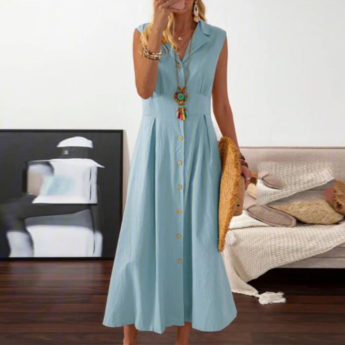 Fashion Vintage Casual Sleeveless Lapel Cotton Linen Solid Color Elegant  Midi Dress