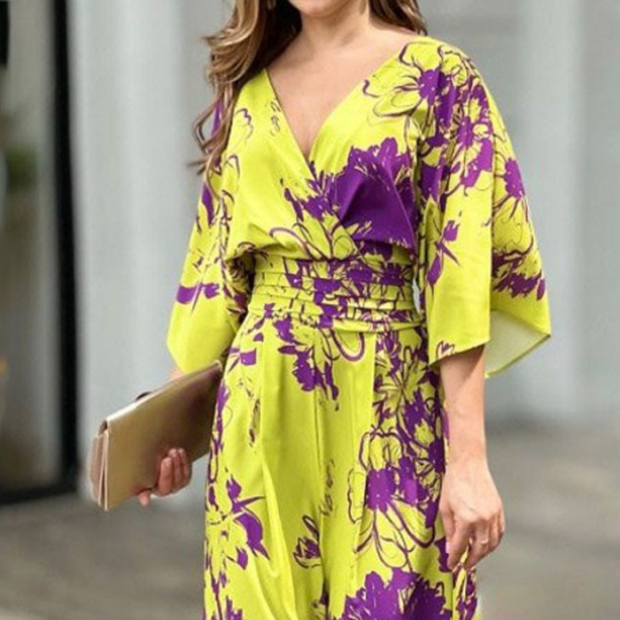Fashion Print Doll Sleeve V Neck Tunic Loose Casual Wide Leg Jumpsuit