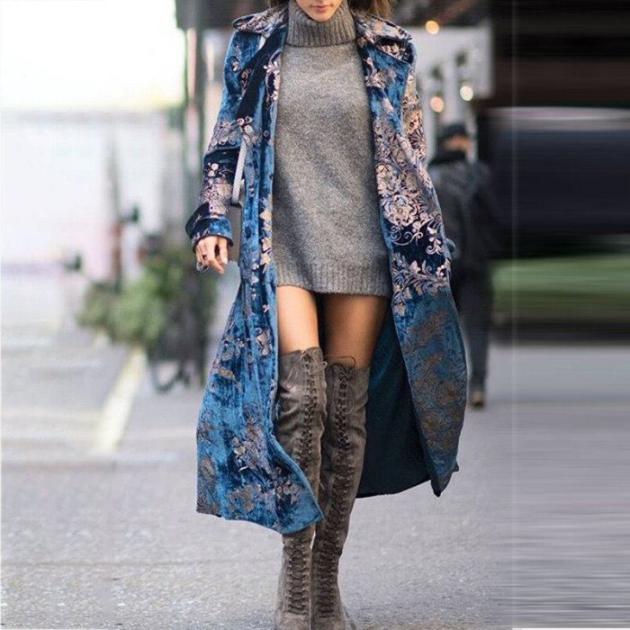 Sleek and Elegant Floral Print Casual Long Sleeve Double Breasted Coats