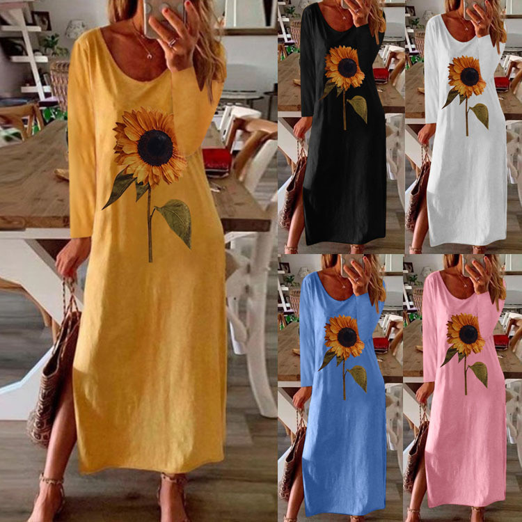 Women Elegant Sunflower Print Long Sleeve Split Maxi Dresses