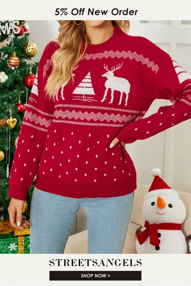 Fashion Christmas Deer Print Round Neck Sweaters