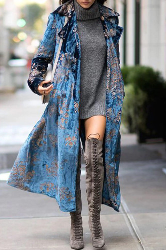 Sleek and Elegant Floral Print Casual Long Sleeve Double Breasted Coats