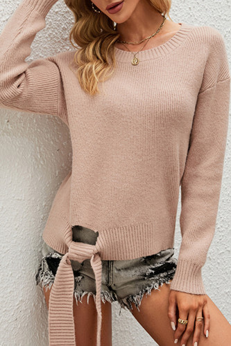 Fashion Knit Loose Pullover Tie Crew Neck Solid Color Sweater
