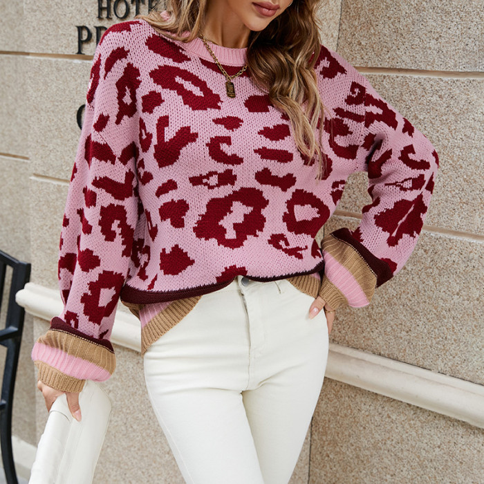 Fashion Round Neck Leopard Print Stitching Sweater