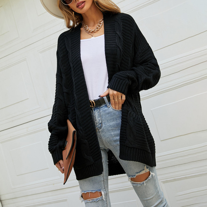 Fashion Knit Long Sleeve Solid Color Loose Mid Length Cardigan Sweater
