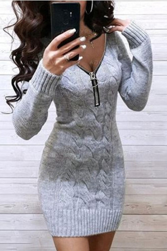 Fashion Knit Sexy V-Neck Zipper Warm Skinny Elegant Mini  Sweater Dress