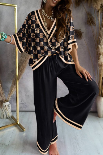Two-Piece Set of Trendy V-Neck Doll Sleeve Top and Casual Wide-Leg Pants
