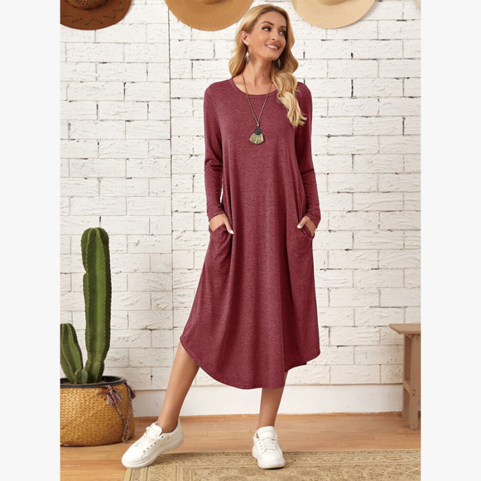 Chic Loose Pockets Design Long Sleeve Midi Dresses