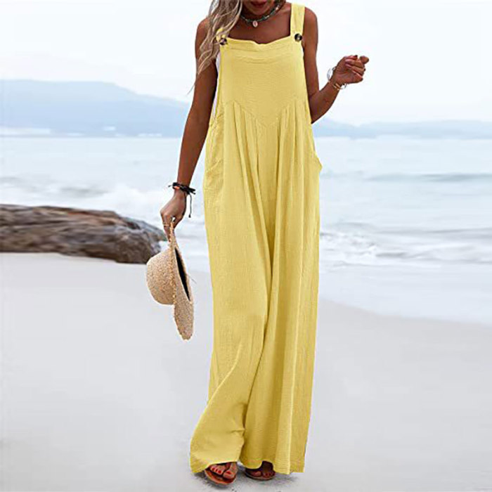 Loose Fashion Casual Solid Color Button Tie Wide Leg Pants