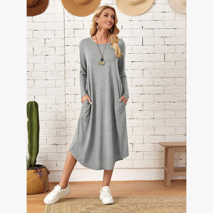 Chic Loose Pockets Design Long Sleeve Midi Dresses