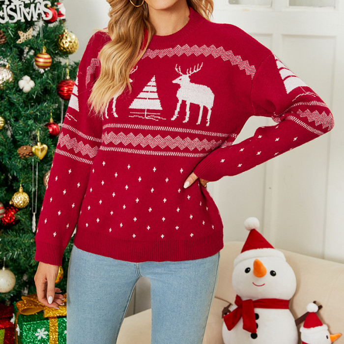 Fashion Christmas Deer Print Round Neck Sweaters