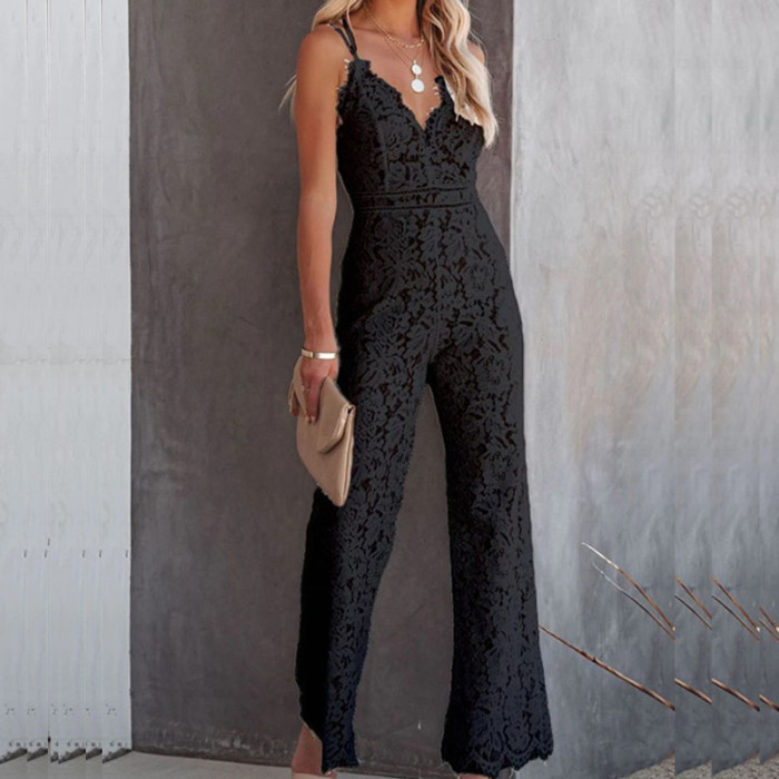 Fashion Embroidered Lace Elegant Backless Sexy Deep V Neck Suspender Jumpsuit