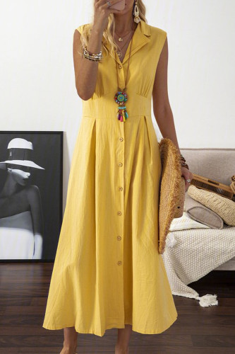 Fashion Vintage Casual Sleeveless Lapel Cotton Linen Solid Color Elegant  Midi Dress