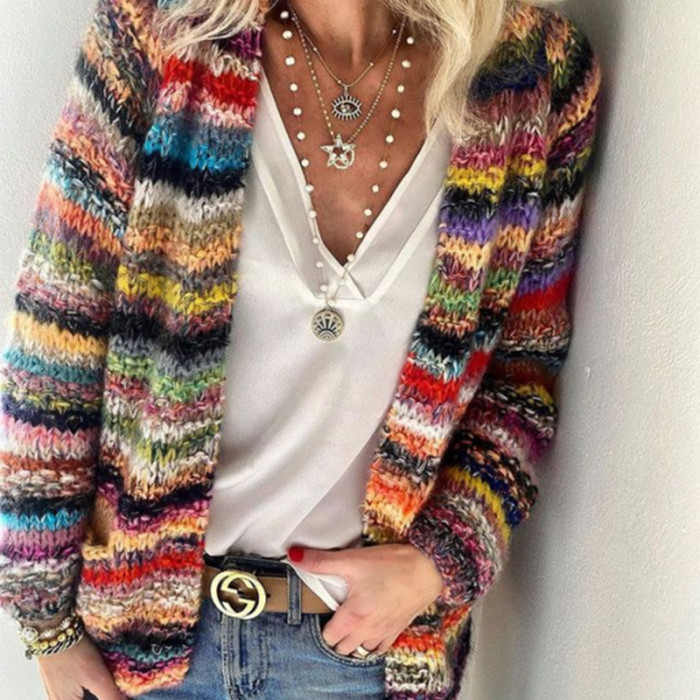 Trendy Elegant Multicolor Printed Casual Pocket Loose Cardigan Sweater