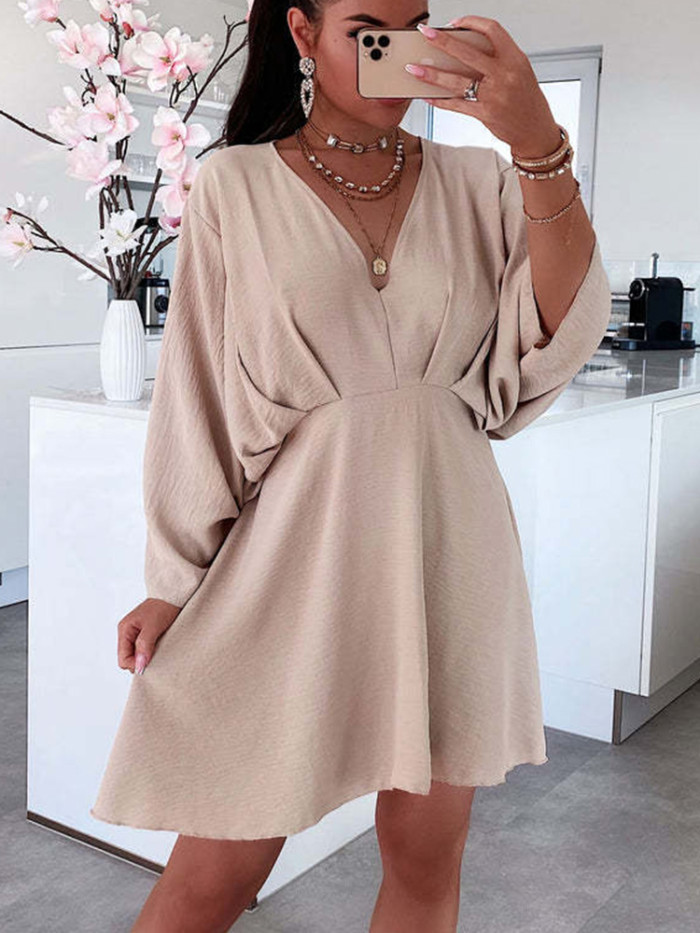Elegant V-Neck Doll Sleeves Multicolor Fashion Solid Color Casual Mini Dress