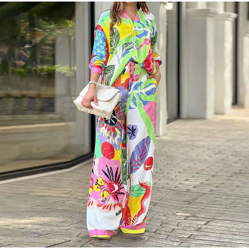 Spring Contrast Leopard Print Casual Set Women Single Breasted Lapel Shirt & Wide Leg Pant Outfit Summer Short-Sleeve 2pcs Vacay Outfit main image 1