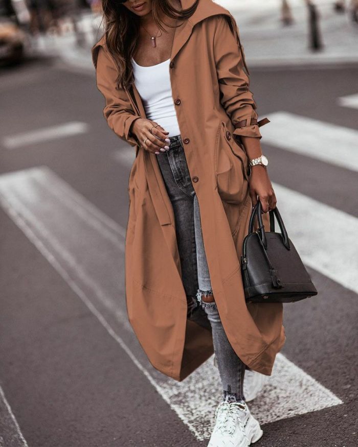 Stylish Single Breasted Pocket Belted Hem Casual Lapel Mid Length Trench Coat