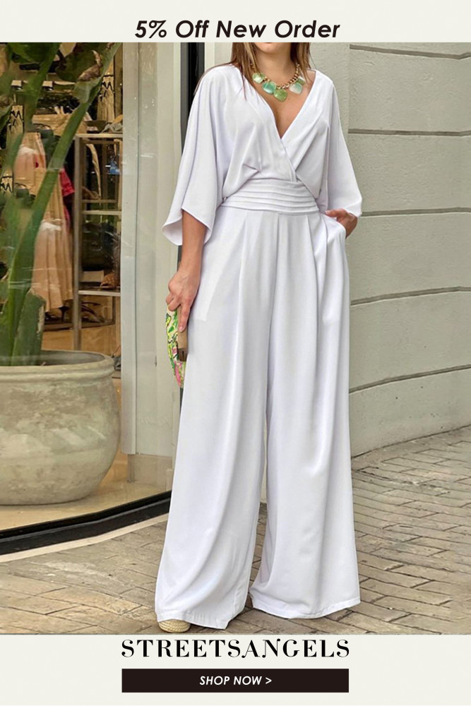 Fashion Solid V Neck Backless Loose Casual Wide Leg Jumpsuit