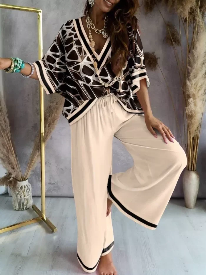 Two-Piece Set of Trendy V-Neck Doll Sleeve Top and Casual Wide-Leg Pants