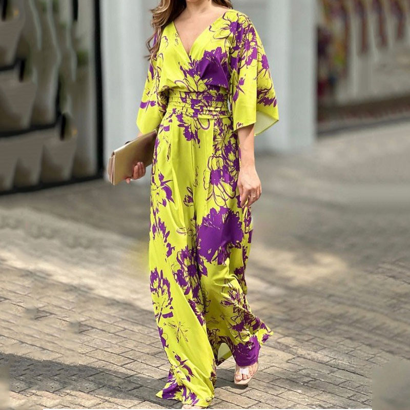Fashion Print Doll Sleeve V Neck Tunic Loose Casual Wide Leg Jumpsuit