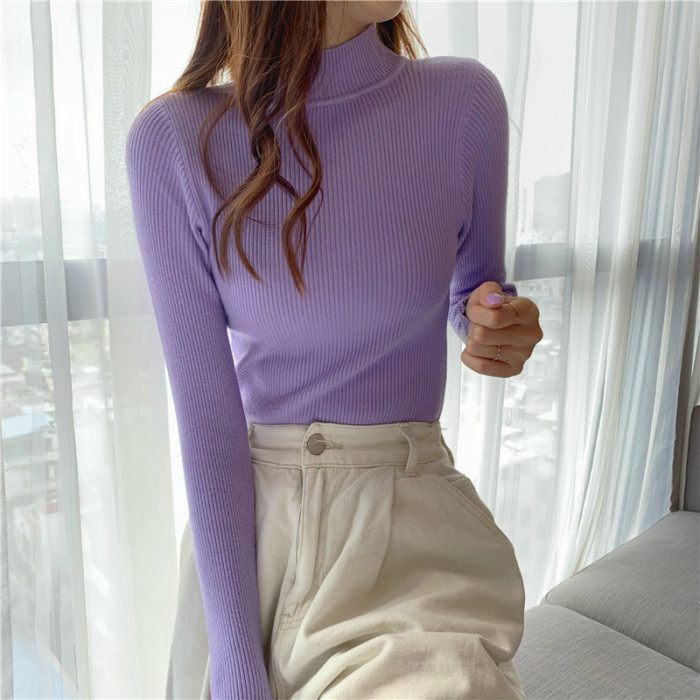 Fashion Long Sleeve Slim High Neck Solid Color Bottom Knit Sweater