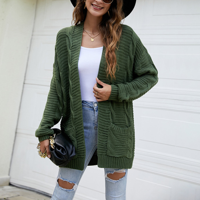 Fashion Knit Long Sleeve Solid Color Loose Mid Length Cardigan Sweater