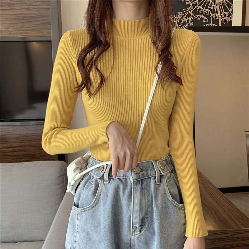 Fashion Long Sleeve Slim High Neck Solid Color Bottom Knit Sweater