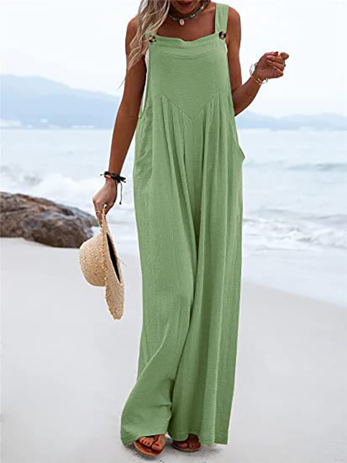 Loose Fashion Casual Solid Color Button Tie Wide Leg Pants
