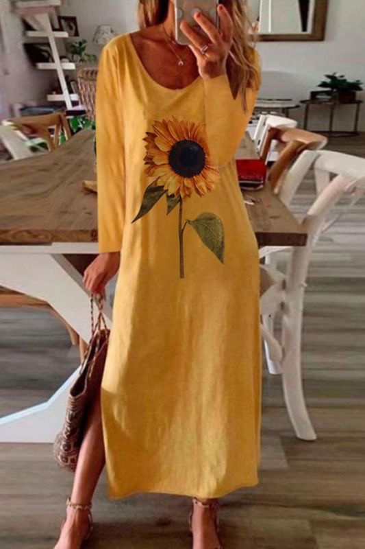 Women Elegant Sunflower Print Long Sleeve Split Maxi Dresses