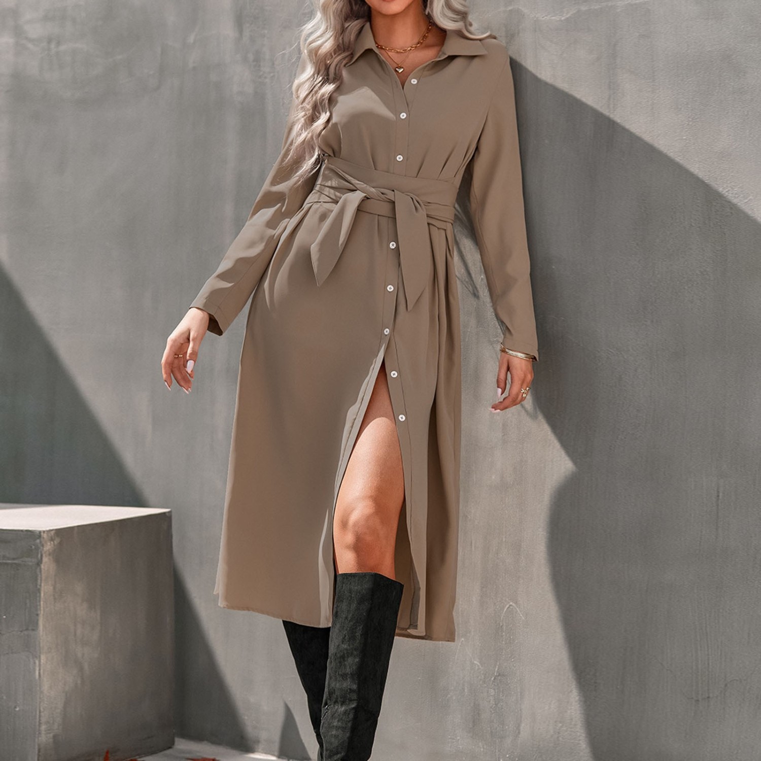 Casual Long Sleeve V Neck Plain Loose Midi Dress