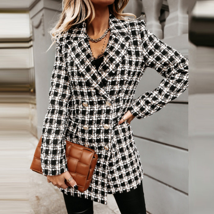 Fashion Vintage Check Print Wool Long Sleeve Double Breasted  Coat