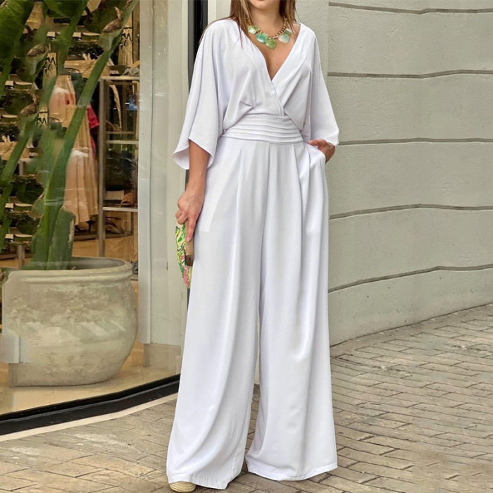 Fashion Solid V Neck Backless Loose Casual Wide Leg Jumpsuit