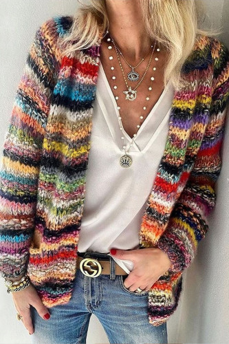 Trendy Elegant Multicolor Printed Casual Pocket Loose Cardigan Sweater