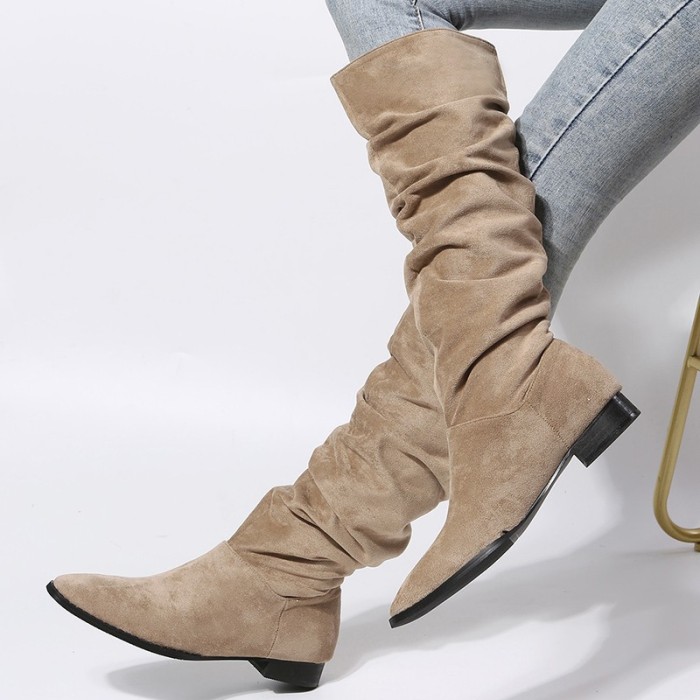 Women Fashion Pleated Pointed Toe Knee-high Boot