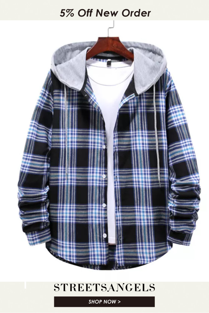 Men Fashion Casual Loose Plaid Hooded Shirts