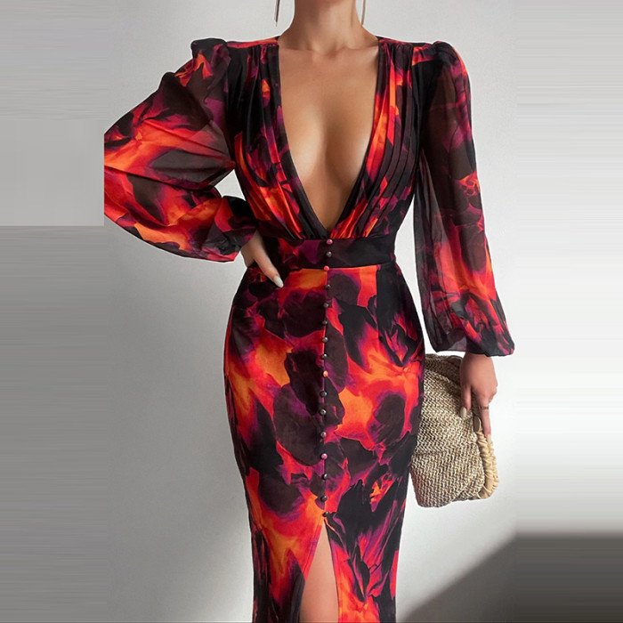 Sexy V Neck Slit Party Elegant Print Casual High Waist Fashion Midi Dress