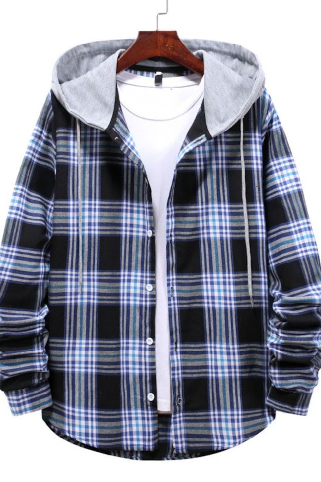 Men Fashion Casual Loose Plaid Hooded Shirts