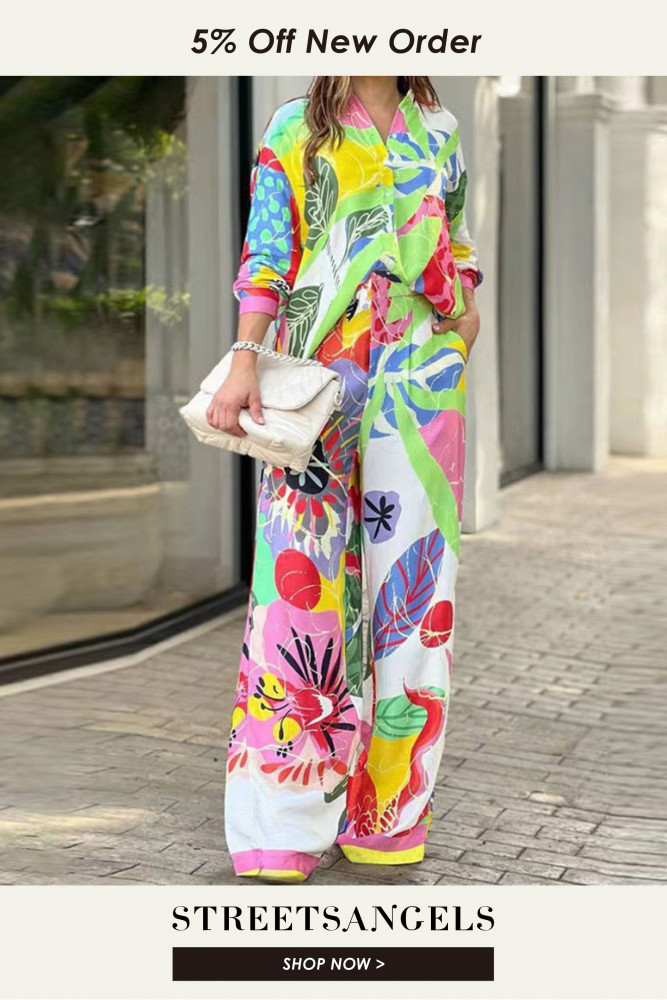 Loose Print Elegant Lapel Single Breasted Top Fashion Wide Leg Pants  Two Pieces