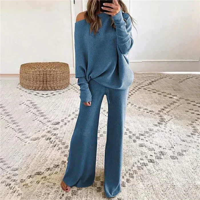 Fashion Knit Solid Color Round Neck Casual Off Shoulder Top Wide Leg Pants Two Pieces