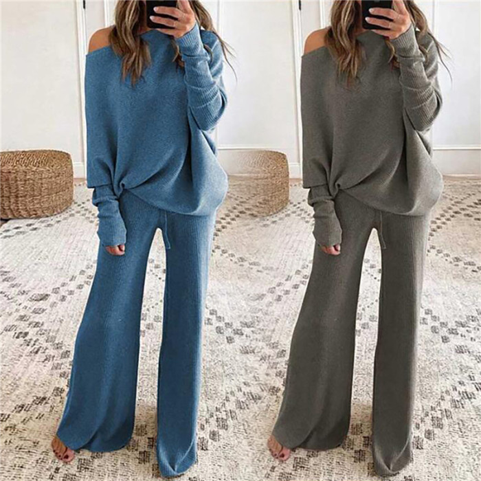 Fashion Knit Solid Color Round Neck Casual Off Shoulder Top Wide Leg Pants Two Pieces