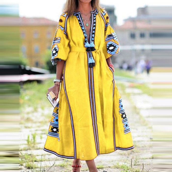 Fashion Casual Vintage Loose V Neck Fringe A-Line Print  Midi Dress