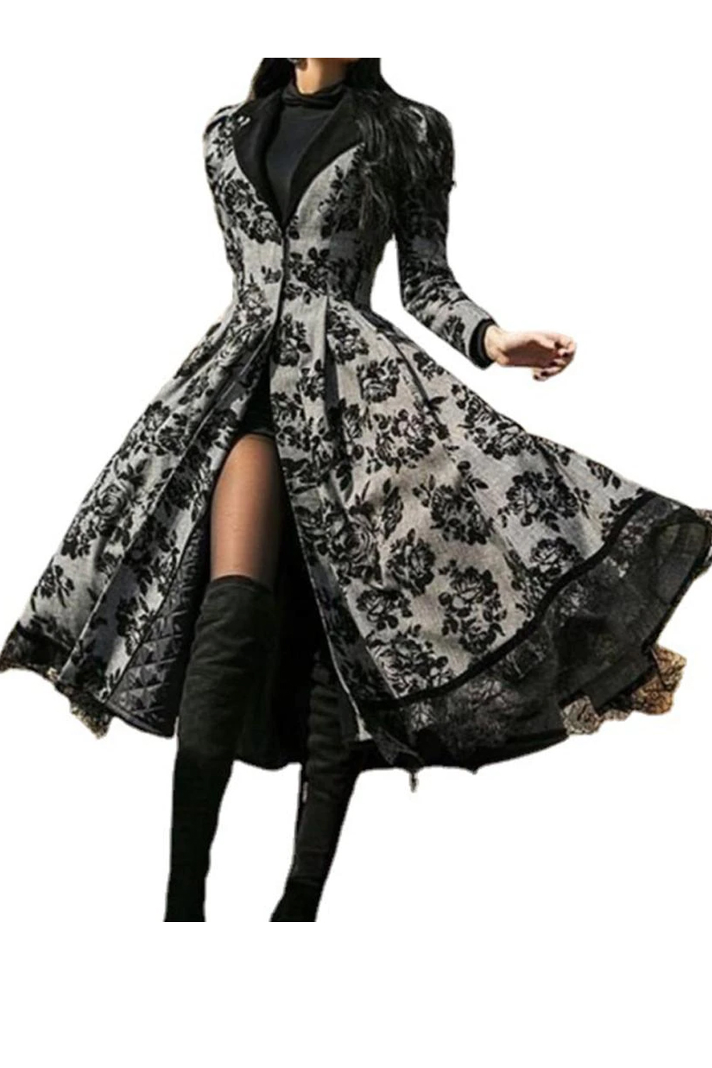 Vintage Floral Silhouette Buttonless Mid-length Trench Coat main image 0