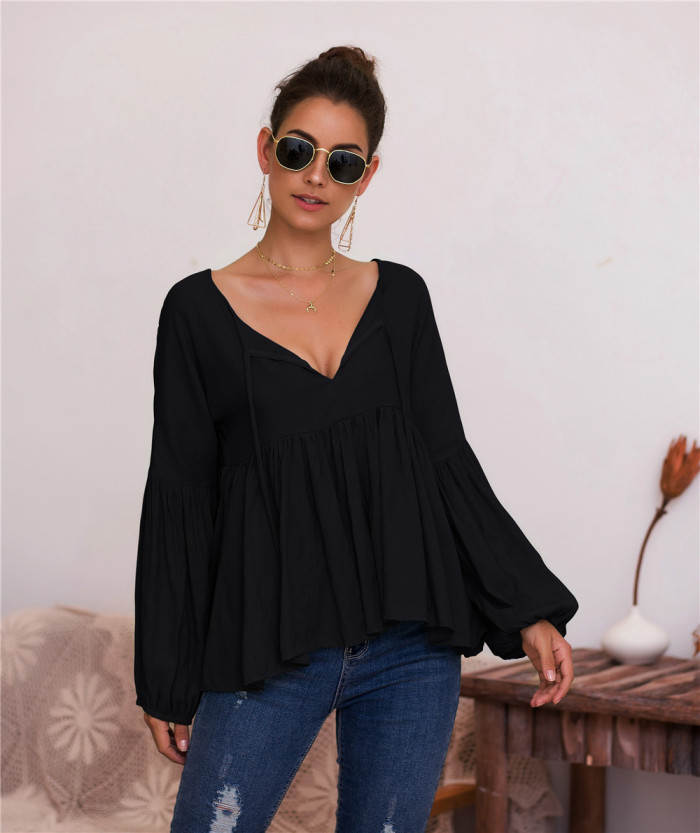 Fashionable Lantern Sleeves Sexy V-Neck Solid Color Casual Loose Strap Blouses