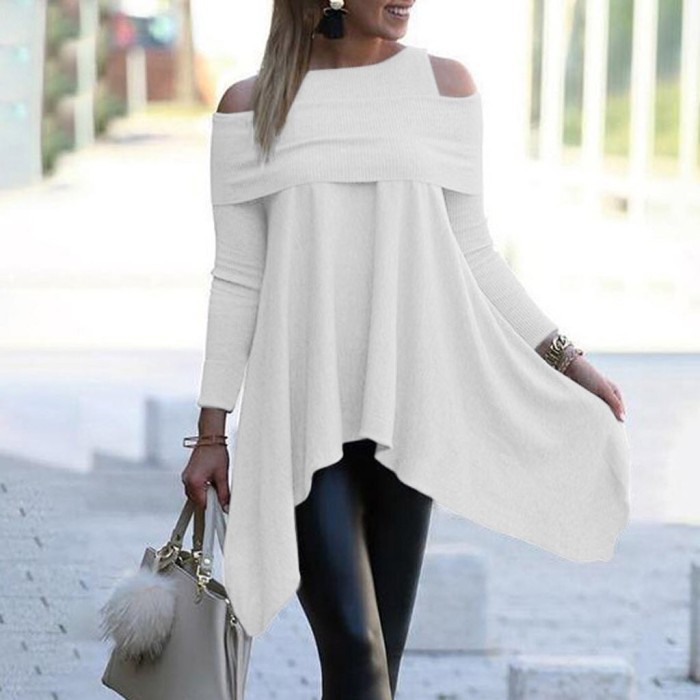 Sexy Hollow Long Sleeve Loose Fashion Casual Solid Color Irregular  Blouses Shirts Top