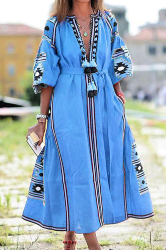 Fashion Casual Vintage Loose V Neck Fringe A-Line Print  Midi Dress
