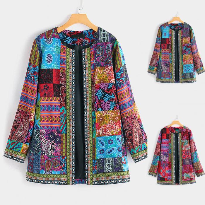 Vintage Women's Jacket Ethnic Vintage Cotton Linen Print Loose Warm Coats