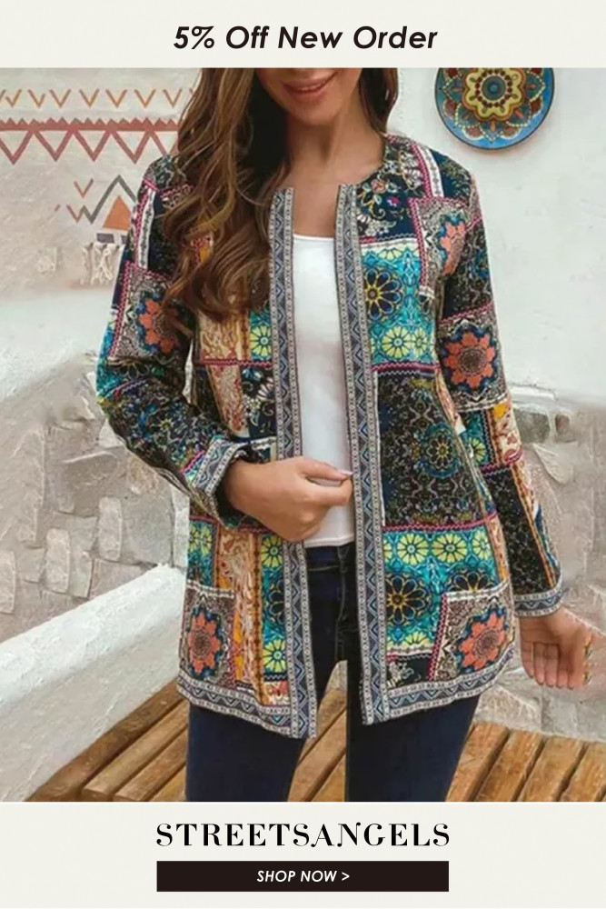 Vintage Women's Jacket Ethnic Vintage Cotton Linen Print Loose Warm Coats