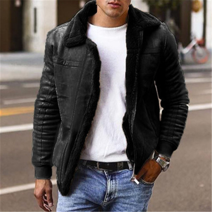 Men's Faux Leather Lapel Fleece Lined Warm Coats